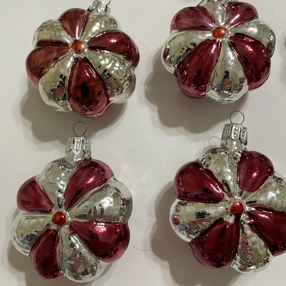 Vintage Set/10 mcm hand blown mercury glass silver red flower ornaments